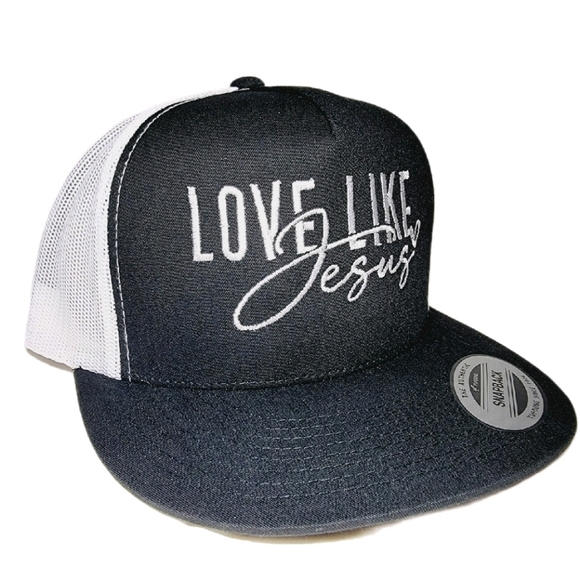 Love Like Jesus Mesh Snapback Embroidered Flat Bill Trucker Hat Cap Black/White - Picture 3 of 4
